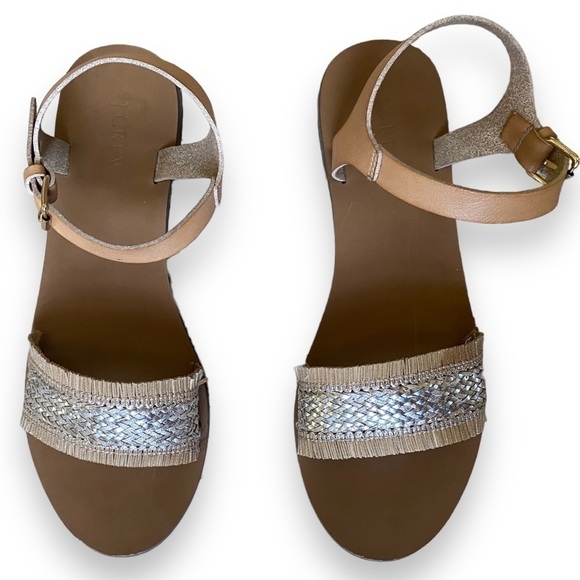 J Crew Factory Raffia Silver and Tan Woven Straw Fringe Sandals | Size 9 - Picture 3 of 13
